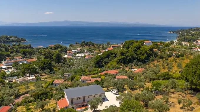 Aerial view of the Kolios hillside and the sea, Melina among the olive trees
