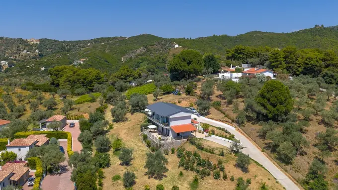Melina's roof and driveway among the olive groves, from above