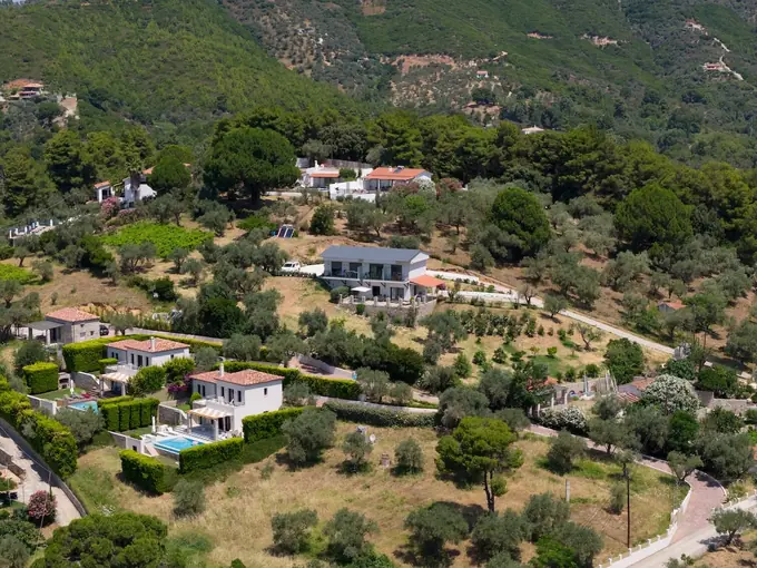 Melina among the hillside homes, a neighbour's pool below