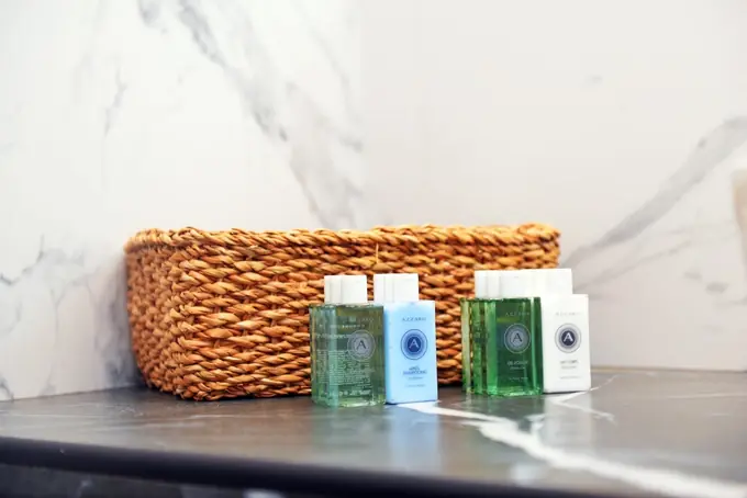 Welcome toiletries in a woven basket