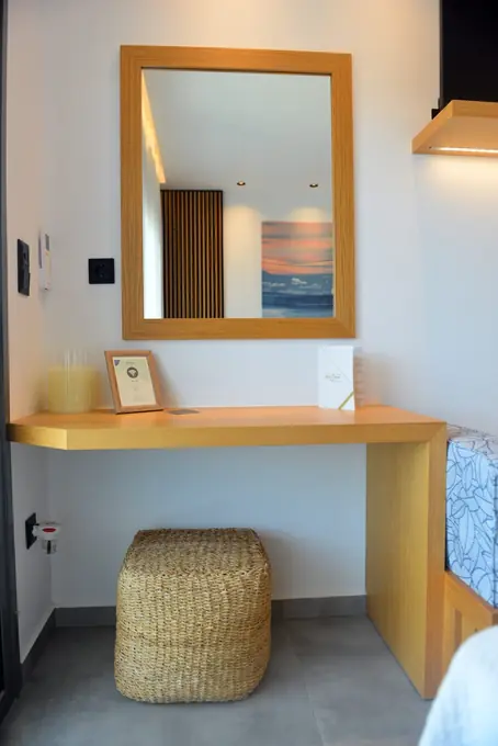 Oak mirror and dressing table with a woven stool