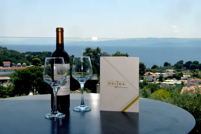 Red wine and two glasses on the terrace table, the sea behind